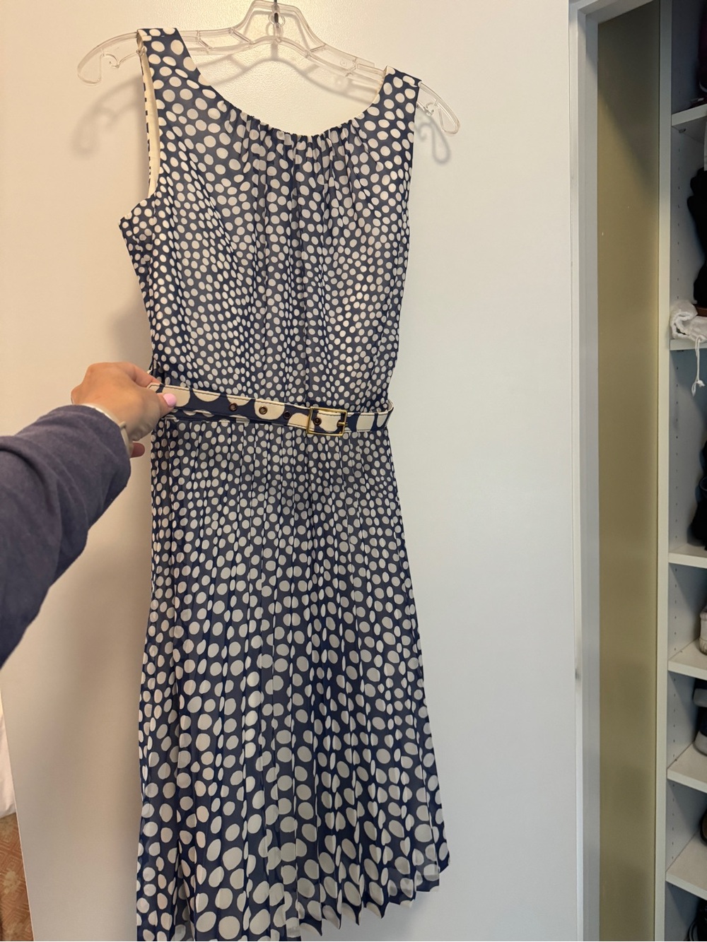 Trina Turk Navy and White Polka Dot Sleeveless Belted Midi Dress